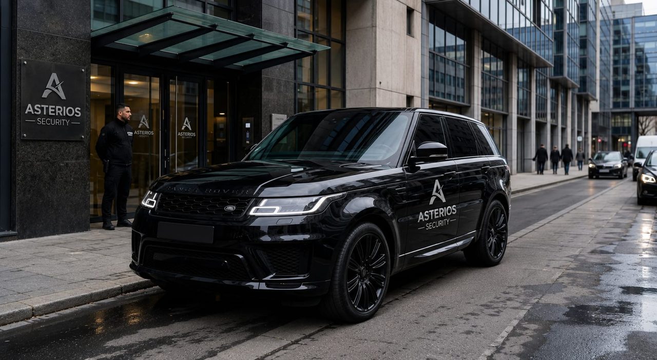 Black Range Rover Sport with Astérios Security livery parked in front of a building